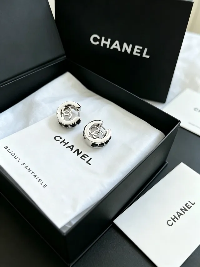 Chanel Silver Black Hinged Hoop Faceted Stones Earrings 7