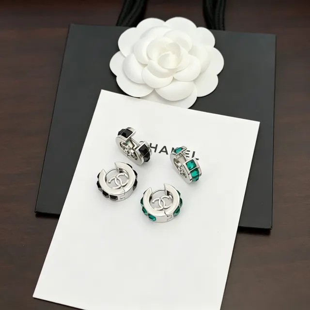 Chanel Silver Black Hinged Hoop Faceted Stones Earrings 8