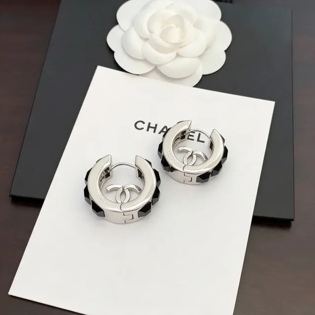 Chanel Silver Black Hinged Hoop Faceted Stones Earrings 9