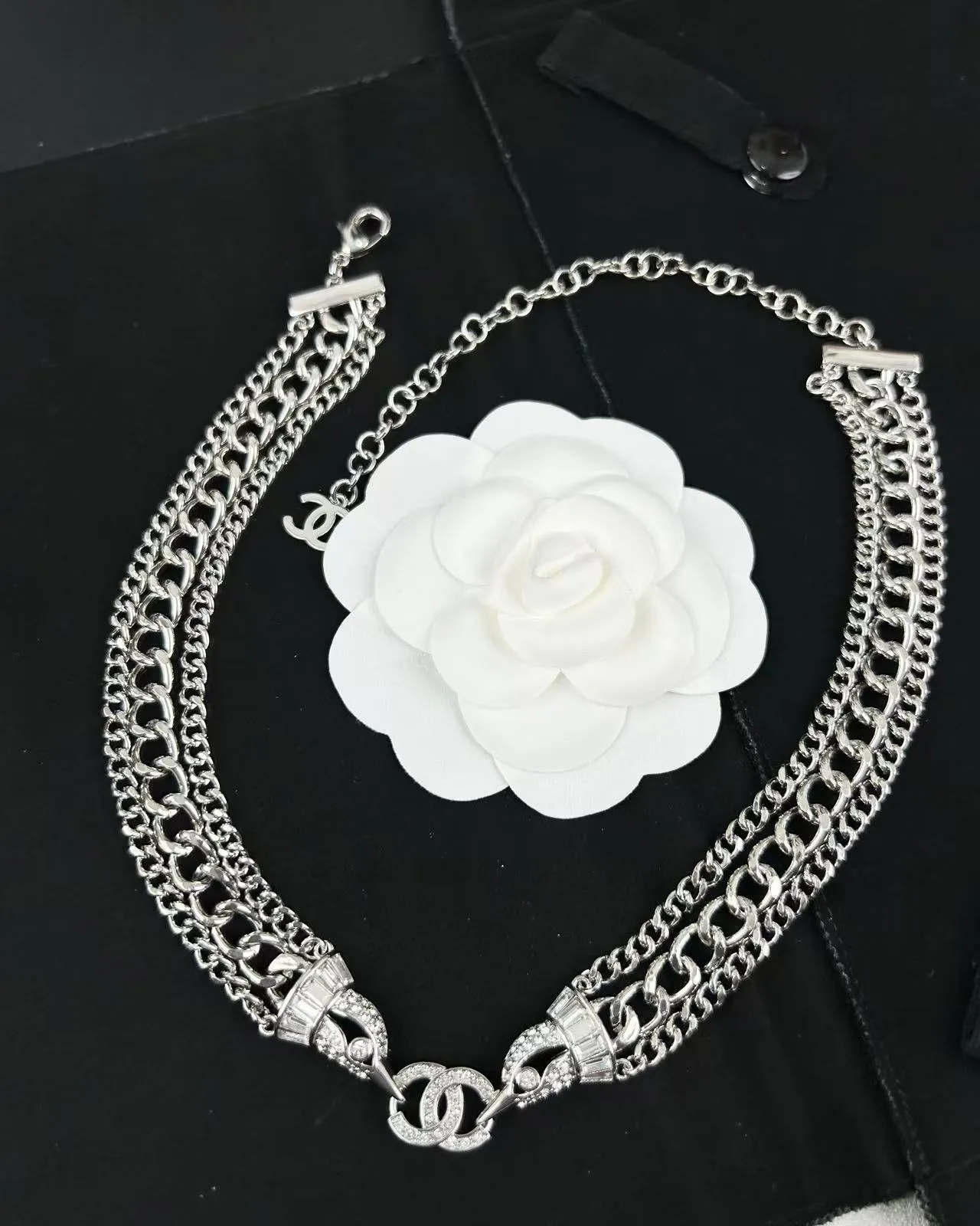 Chanel Silver Black Multi-Chain Choker Crystal-Embellished CC Motifs Necklace 2