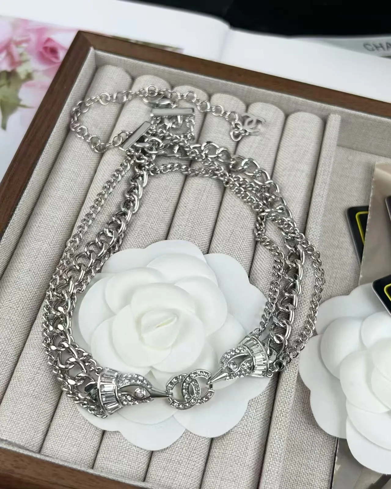 Chanel Silver Black Multi-Chain Choker Crystal-Embellished CC Motifs Necklace 3