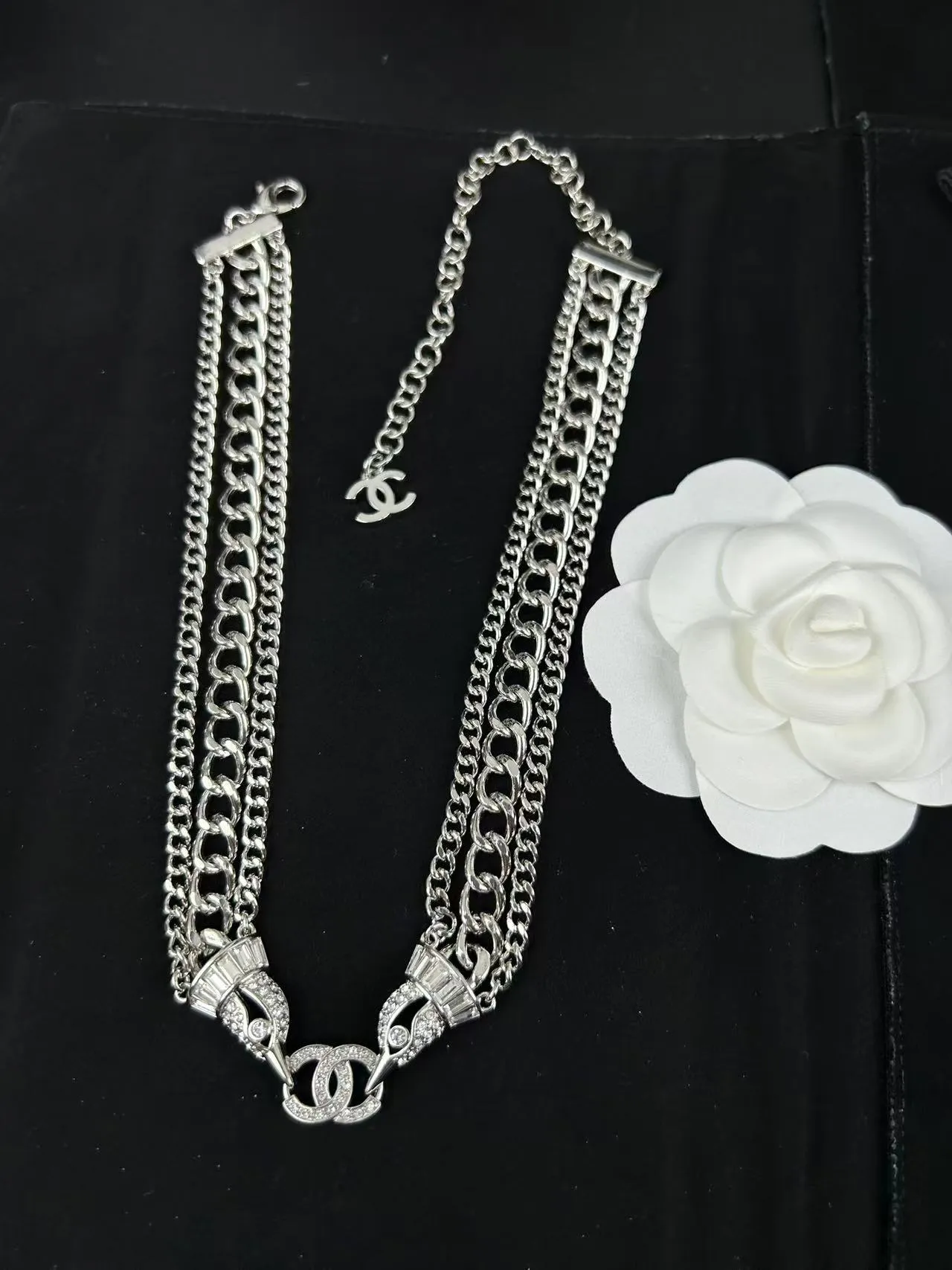 Chanel Silver Black Multi-Chain Choker Crystal-Embellished CC Motifs Necklace 4