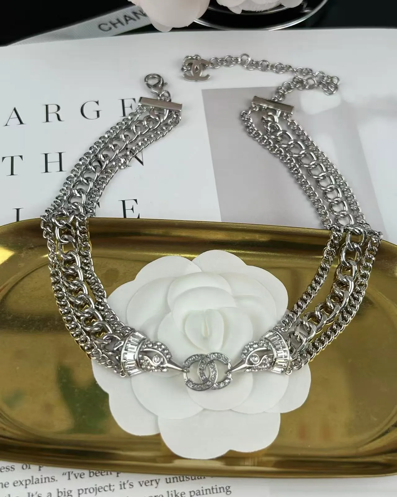 Chanel Silver Black Multi-Chain Choker Crystal-Embellished CC Motifs Necklace 5
