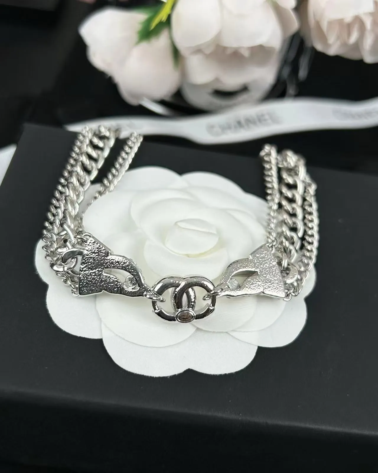 Chanel Silver Black Multi-Chain Choker Crystal-Embellished CC Motifs Necklace 6
