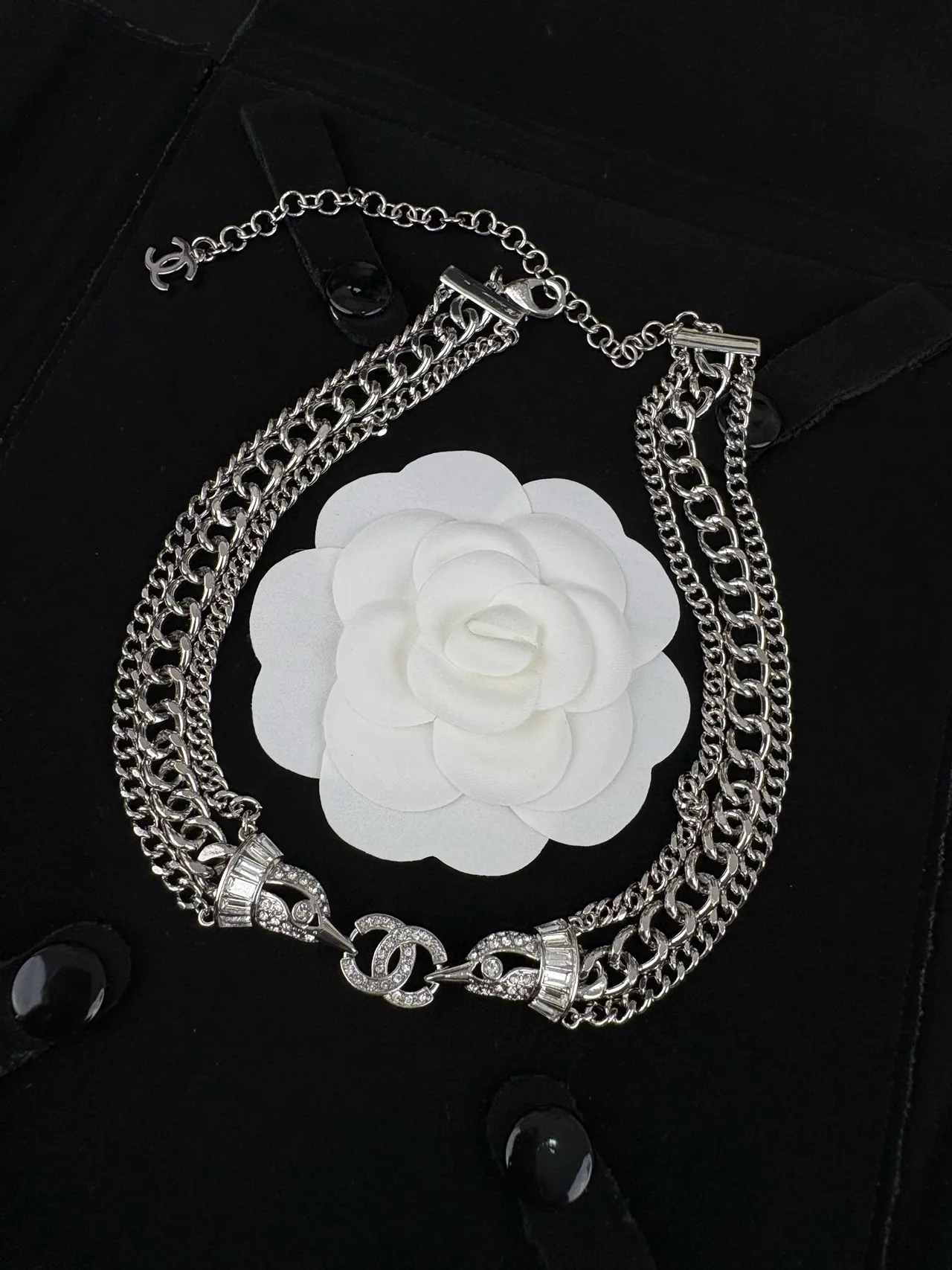 Chanel Silver Black Multi-Chain Choker Crystal-Embellished CC Motifs Necklace 7