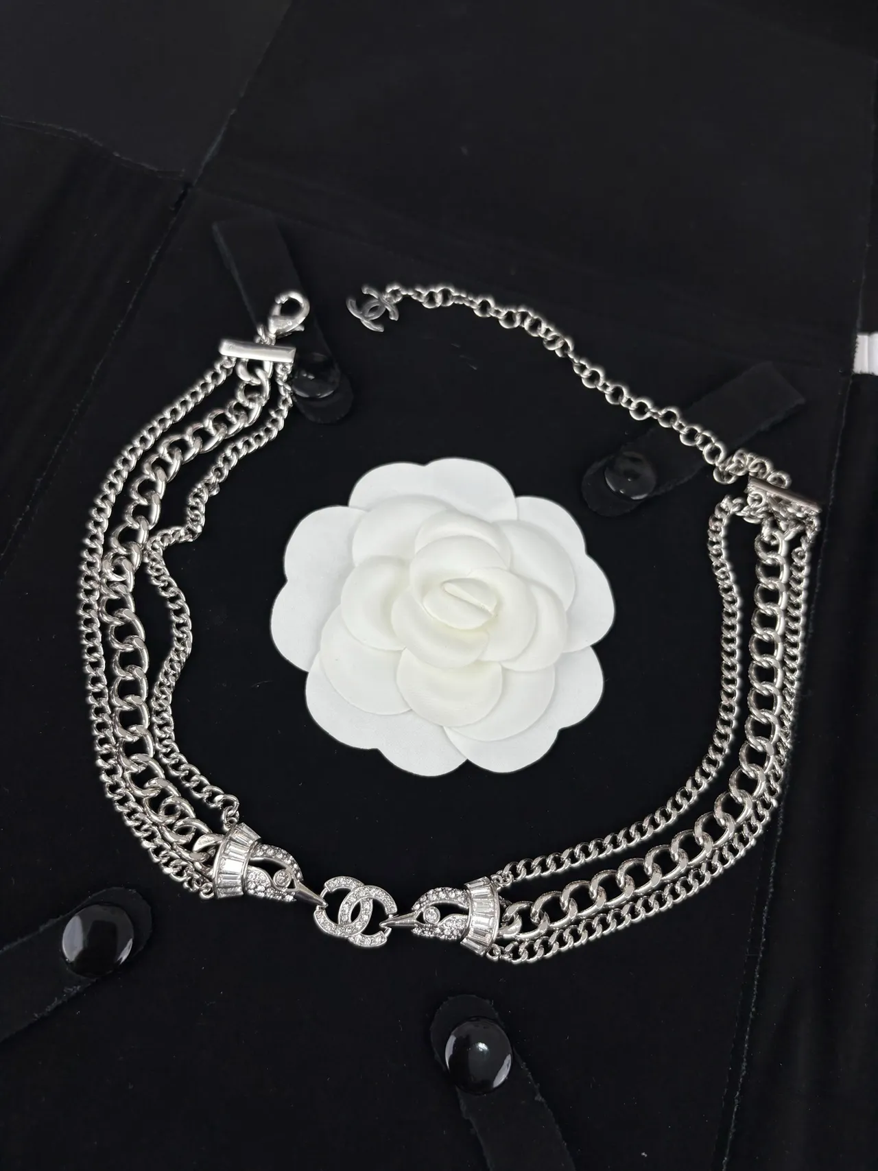 Chanel Silver Black Multi-Chain Choker Crystal-Embellished CC Motifs Necklace 8