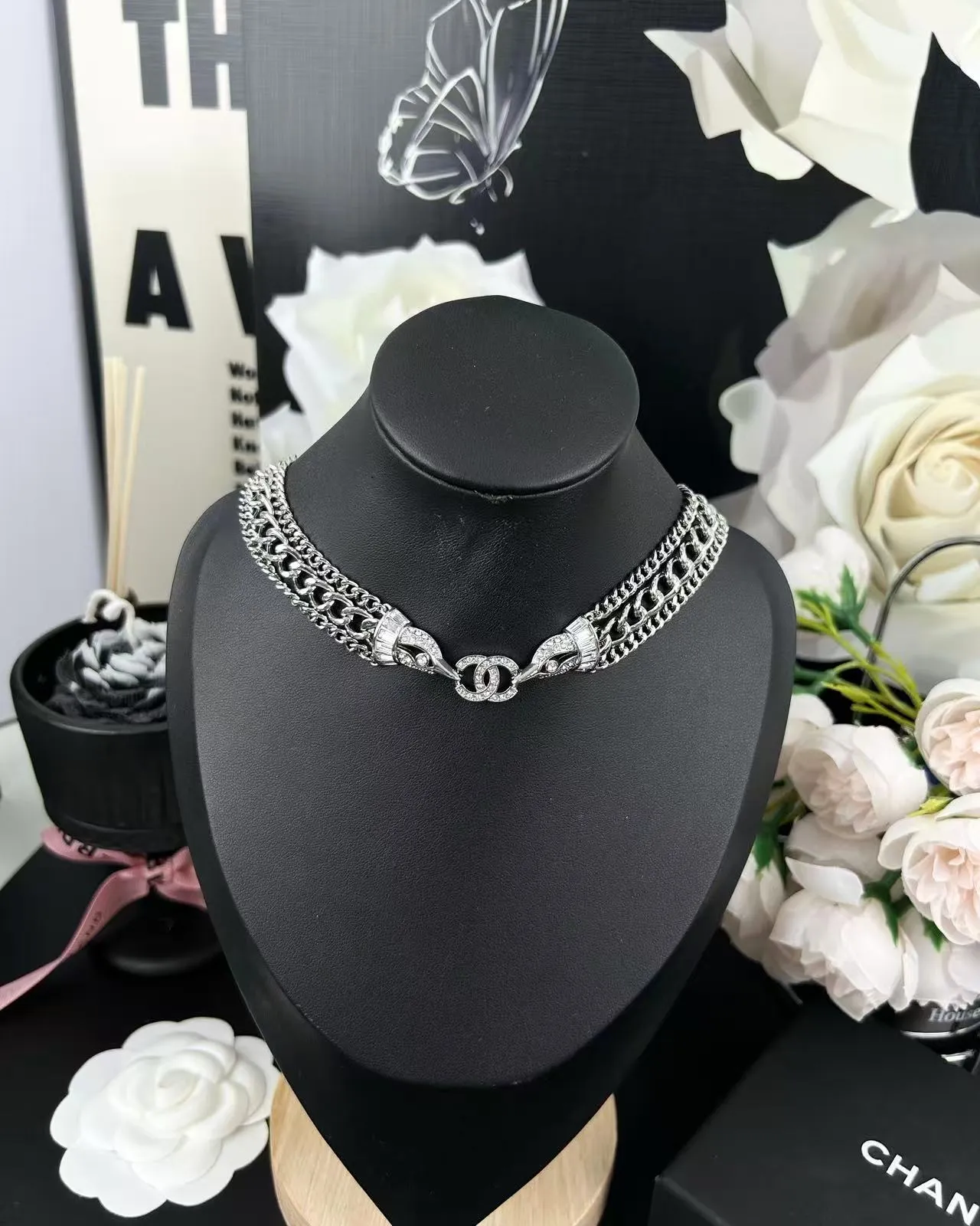 Chanel Silver Black Multi-Chain Choker Crystal-Embellished CC Motifs Necklace 9