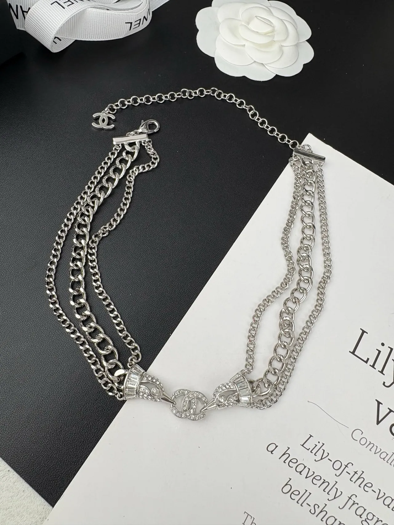 Chanel Silver Black Multi-Chain Choker Crystal-Embellished CC Motifs Necklace 10