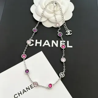 Chanel Silver Pink Chain Round Bezel-Set And Magenta Stones Necklace