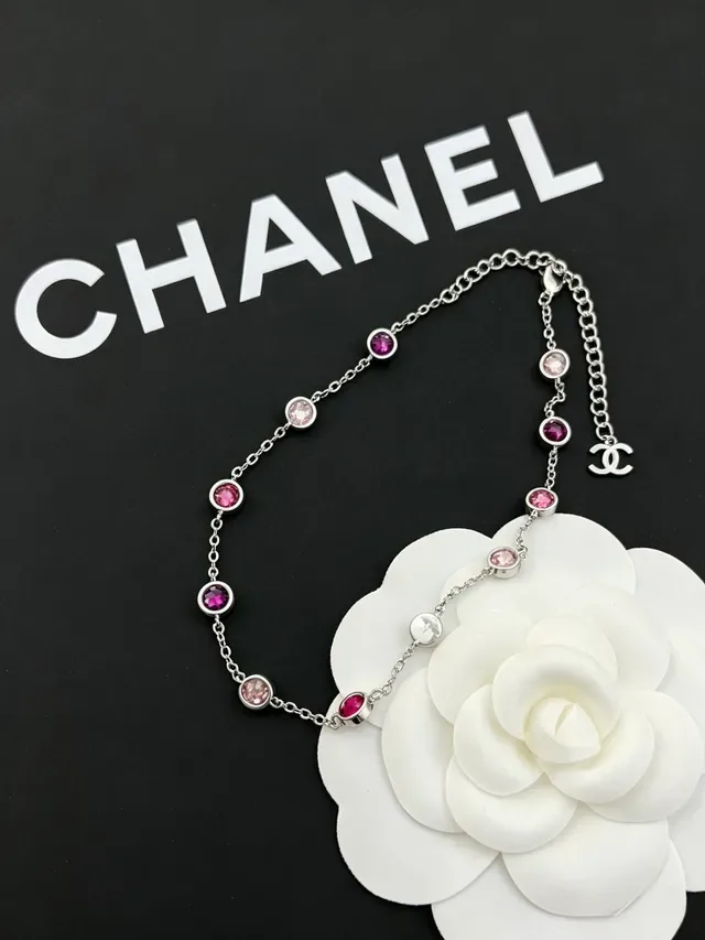 Chanel Chaîne Argent Rose Chaîne Ronde Bezel-Set et Pierres Magenta Collier 2