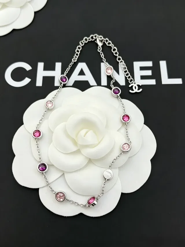Chanel Chaîne Argent Rose Chaîne Ronde Bezel-Set et Pierres Magenta Collier 4