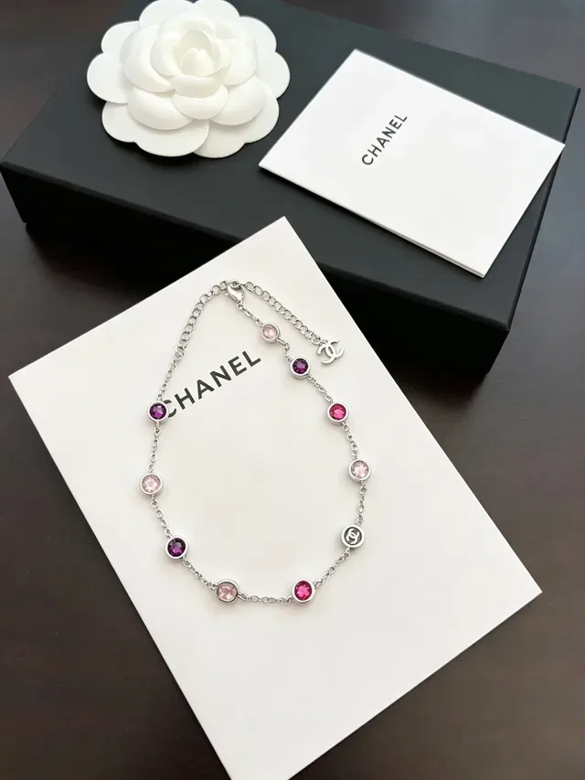 Chanel Chaîne Argent Rose Chaîne Ronde Bezel-Set et Pierres Magenta Collier 5