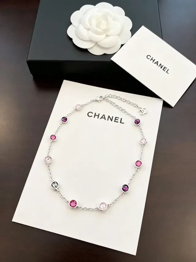 Chanel Chaîne Argent Rose Chaîne Ronde Bezel-Set et Pierres Magenta Collier 6