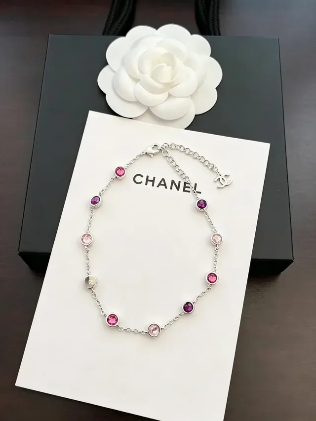 Chanel Chaîne Argent Rose Chaîne Ronde Bezel-Set et Pierres Magenta Collier 7