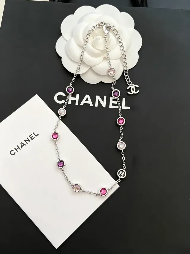 Chanel Chaîne Argent Rose Chaîne Ronde Bezel-Set et Pierres Magenta Collier 8