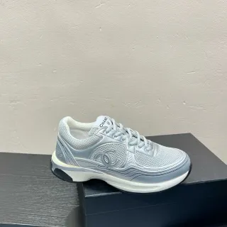 Chanel Silver White Metallic Mesh Embossed Interlocking CC Logo Lifestyle Sneakers