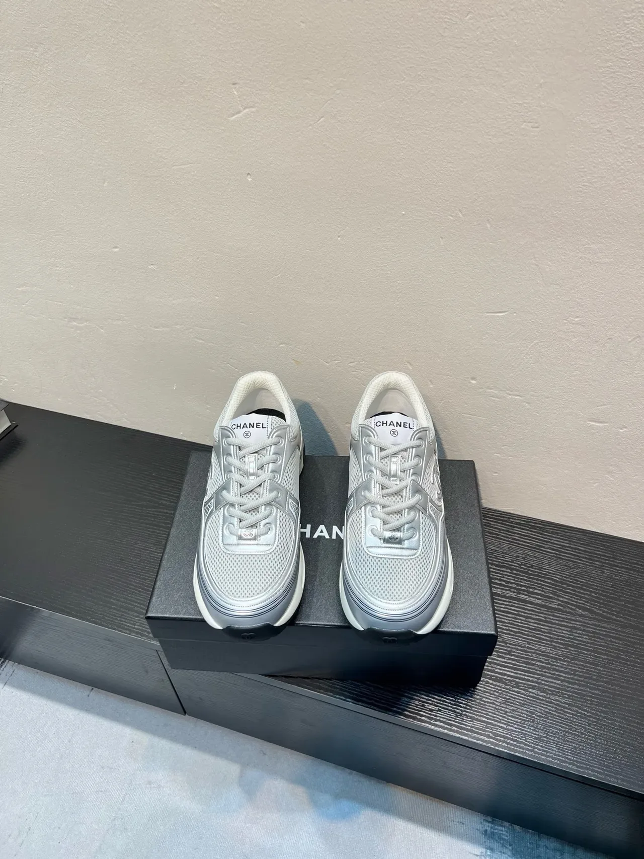 Chanel Silver White Metallic Mesh Embossed Interlocking CC Logo Lifestyle Sneakers 2