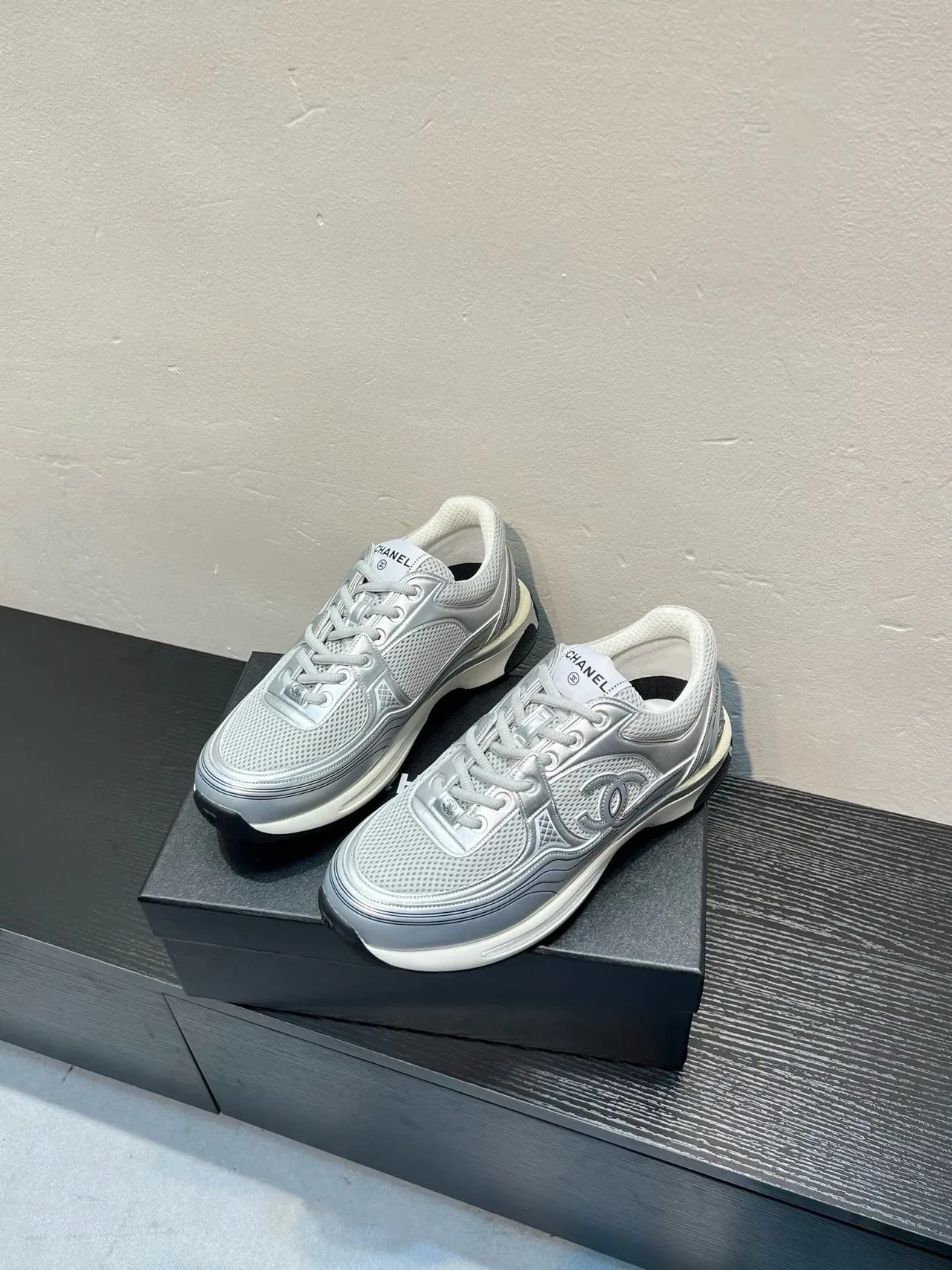 Chanel Silver White Metallic Mesh Embossed Interlocking CC Logo Lifestyle Sneakers 3