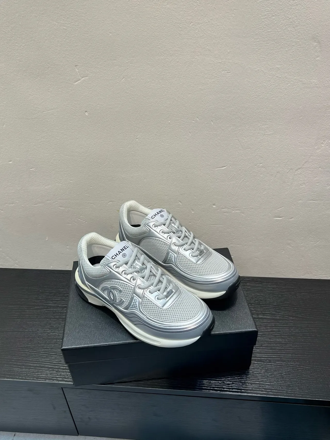 Chanel Silver White Metallic Mesh Embossed Interlocking CC Logo Lifestyle Sneakers 5