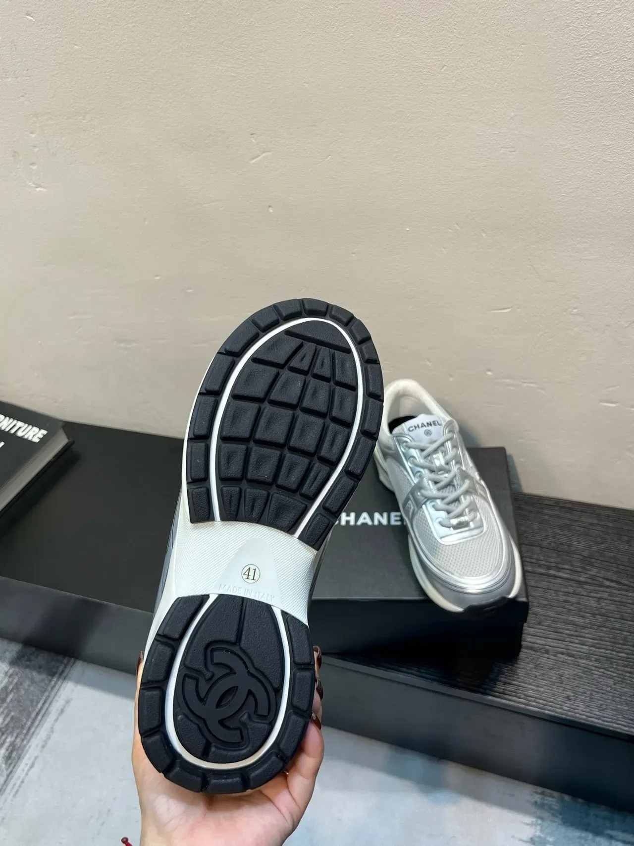 Chanel Silver White Metallic Mesh Embossed Interlocking CC Logo Lifestyle Sneakers 8