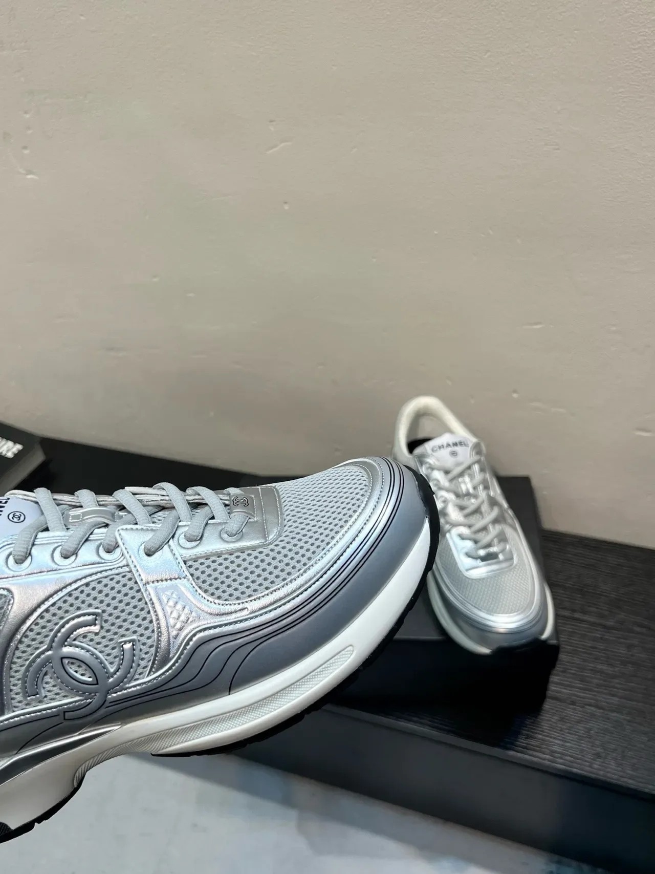 Chanel Silver White Metallic Mesh Embossed Interlocking CC Logo Lifestyle Sneakers 9