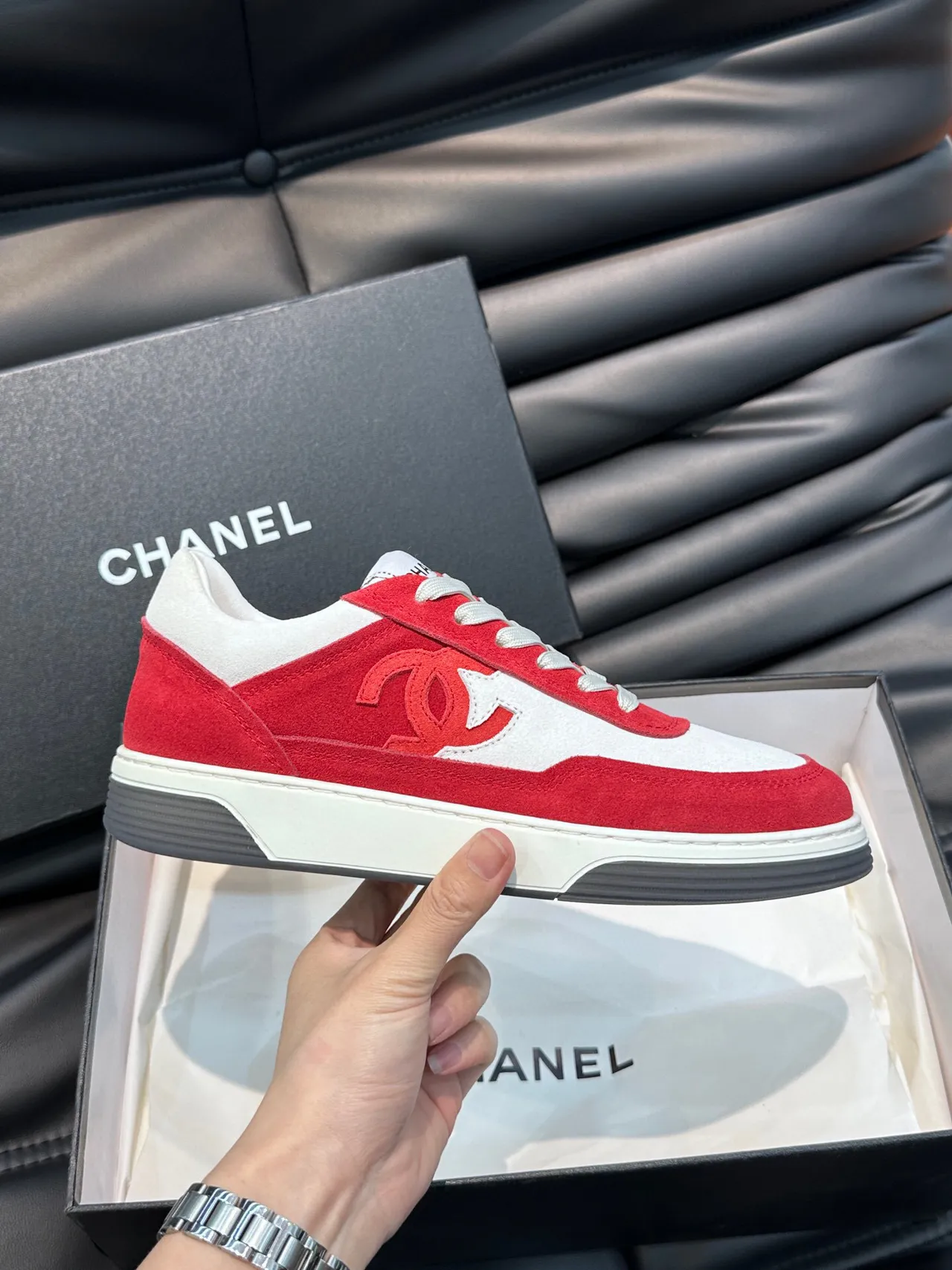 Chanel Sneaker Red and White Suede Leather Lifestyle Sneakers 5