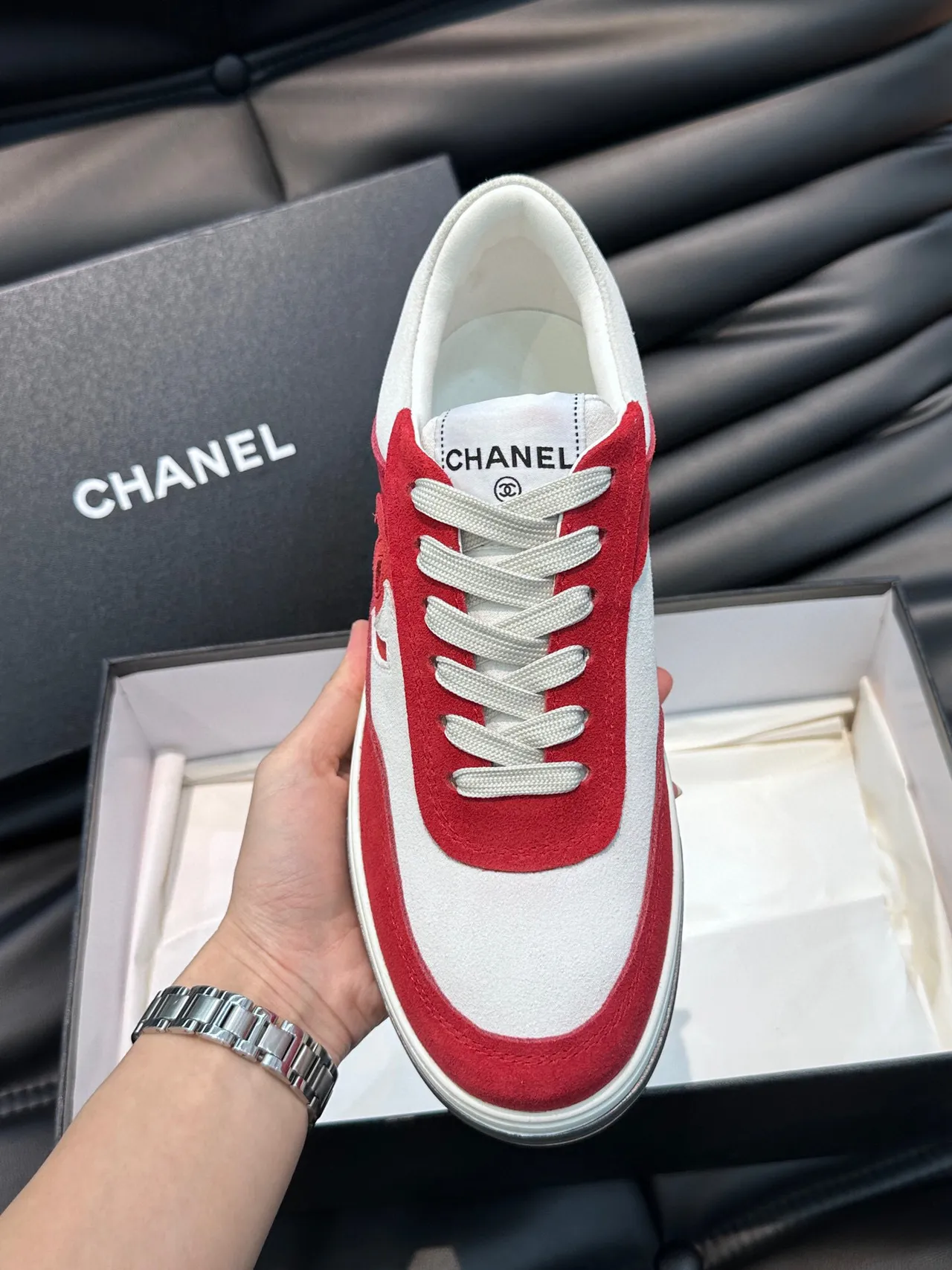 Chanel Sneaker Red and White Suede Leather Lifestyle Sneakers 6