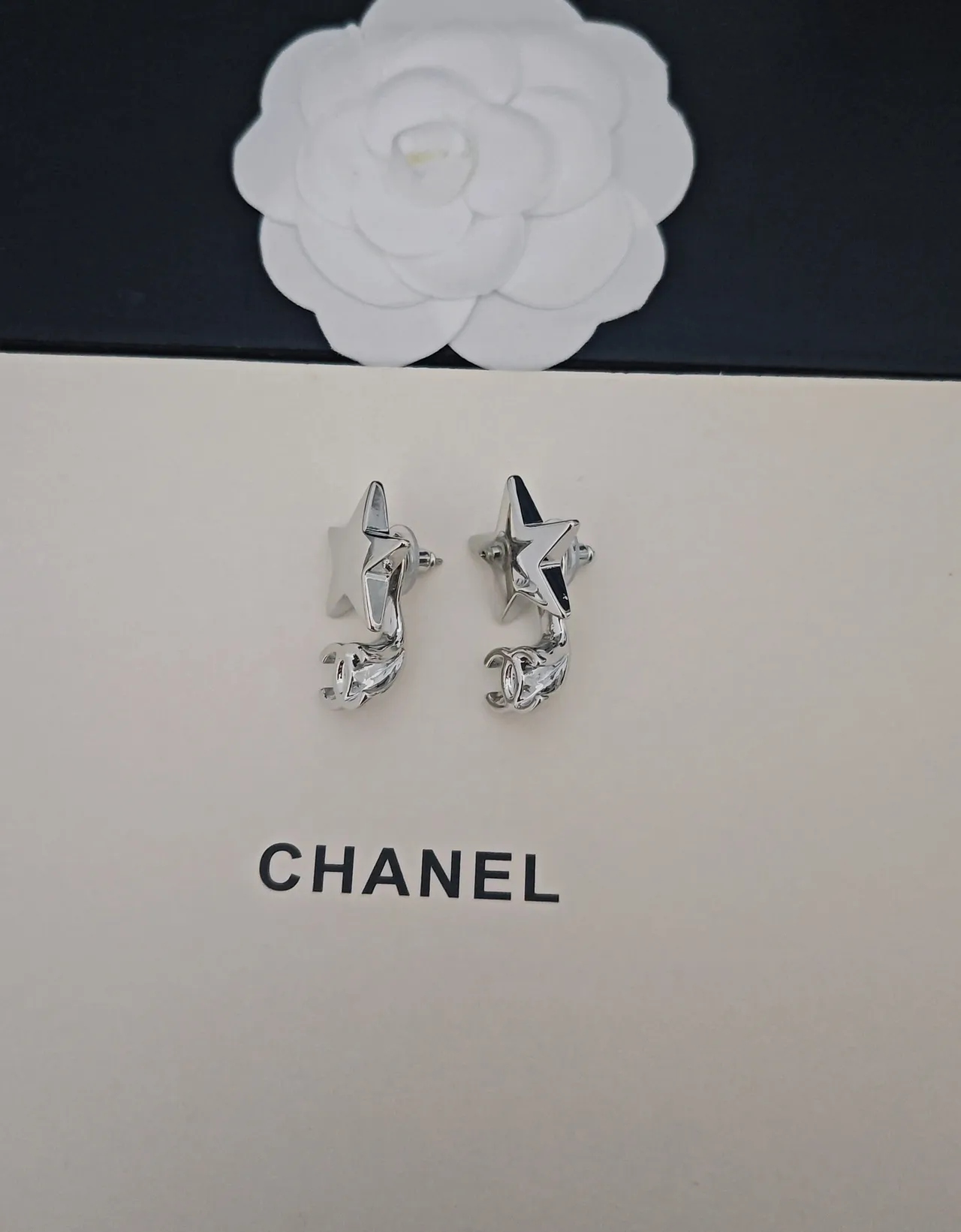 Chanel Star and CC Logo Polished Silver Earrings 5