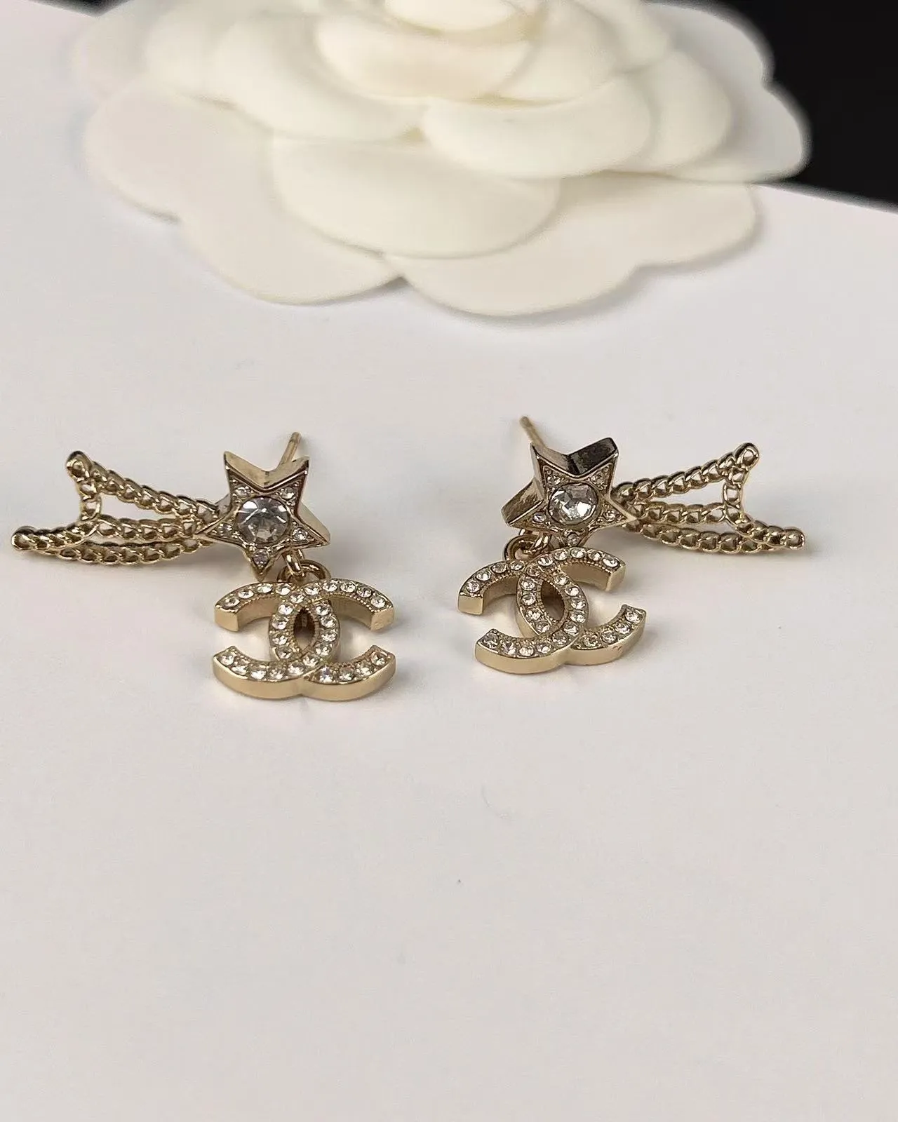 Chanel Star and CC Pavé-Crystal Gold-Tone Chain Dangle Earrings 3