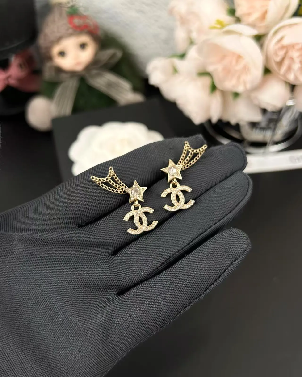 Chanel Star and CC Pavé-Crystal Gold-Tone Chain Dangle Earrings 4