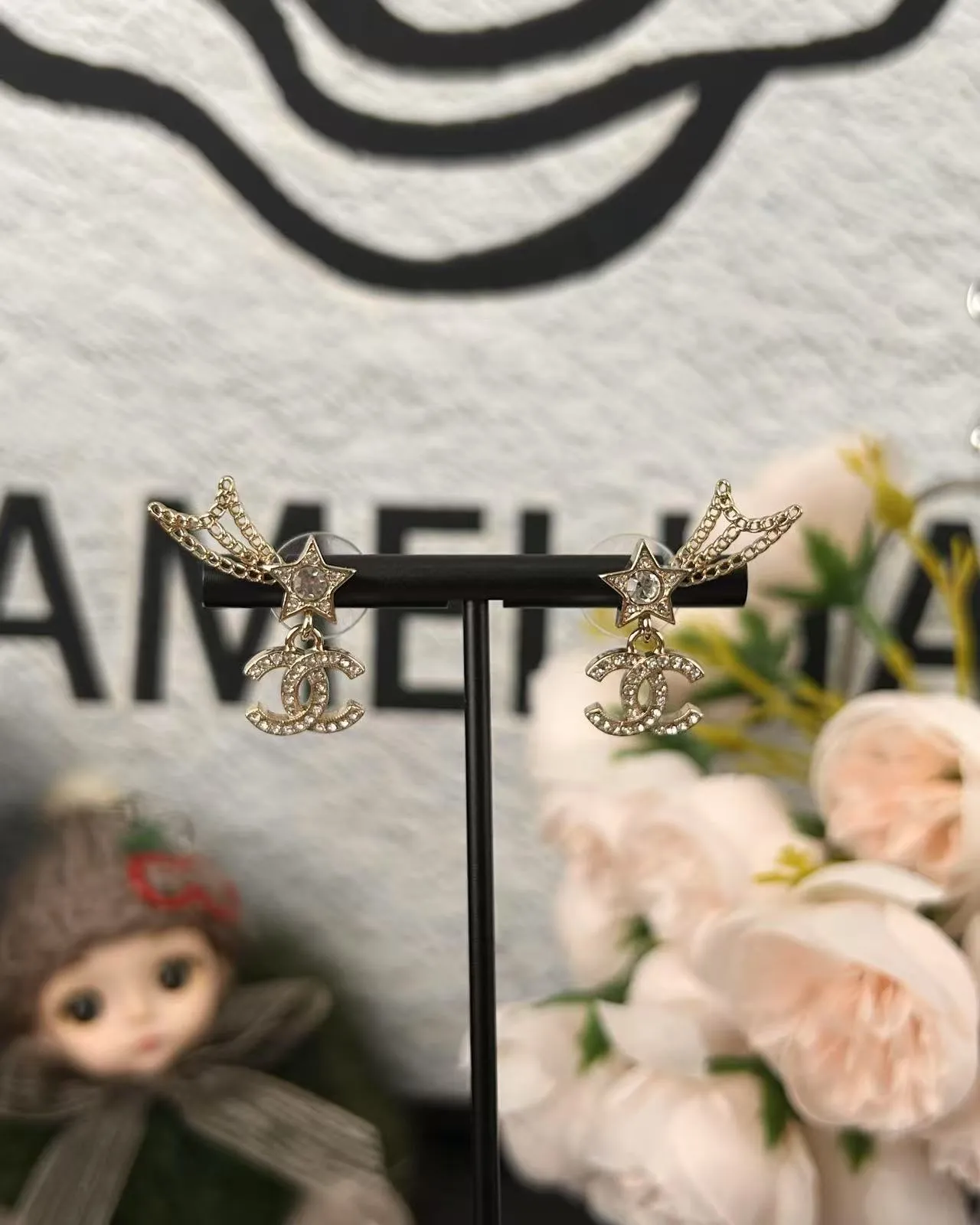 Chanel Star and CC Pavé-Crystal Gold-Tone Chain Dangle Earrings 6