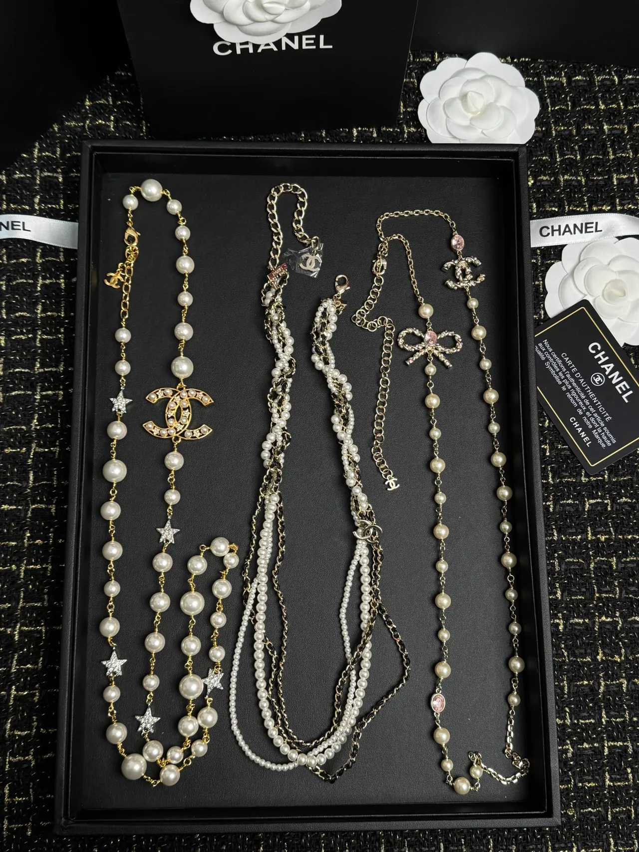 Chanel White Silver Pearl-Strand Chain-Link Necklace 2
