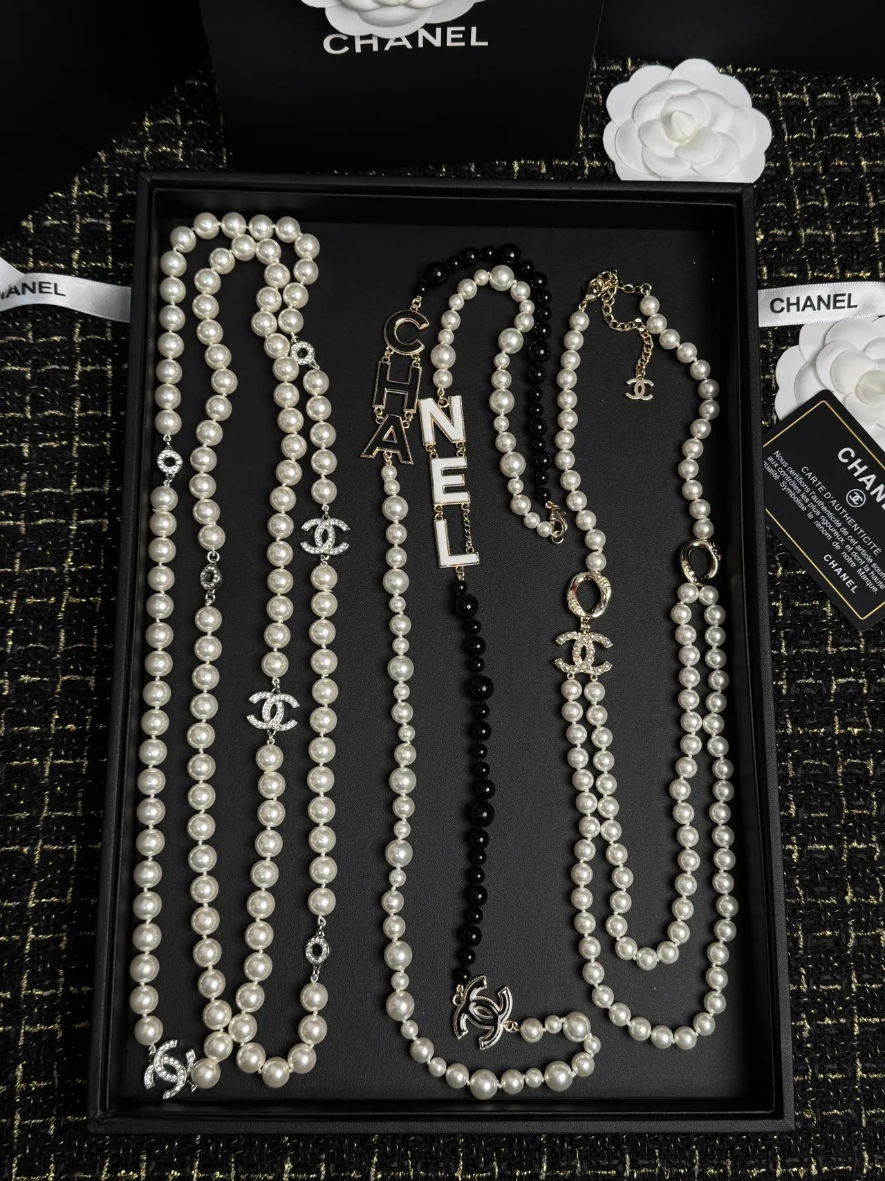 Chanel White Silver Pearl-Strand Chain-Link Necklace 6