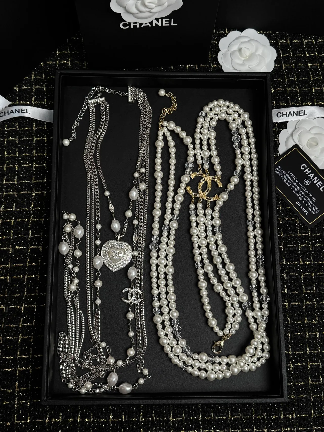 Chanel White Silver Pearl-Strand Chain-Link Necklace 7