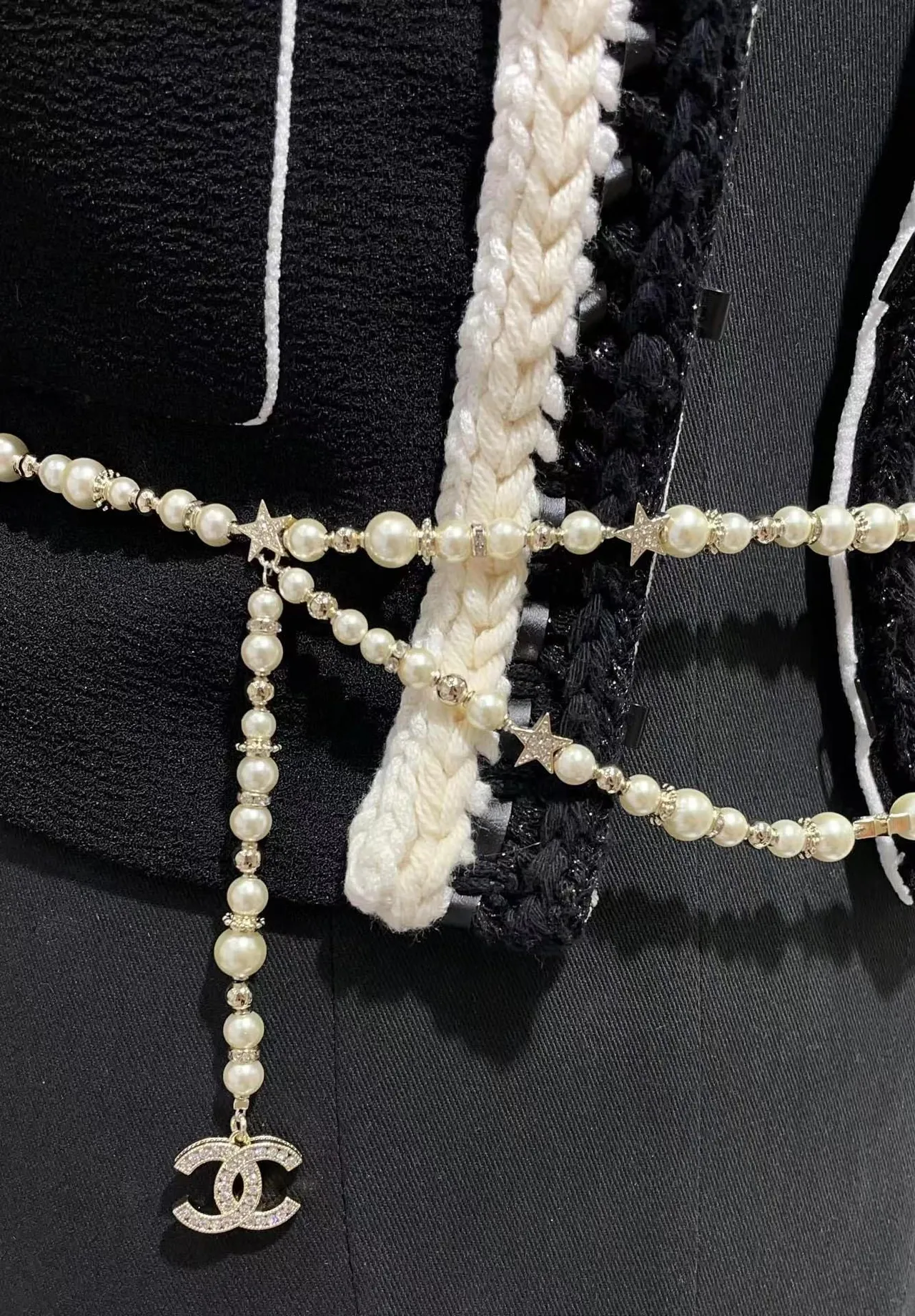 Chanel White Silver Pearl Strand Star Charms Necklace 4