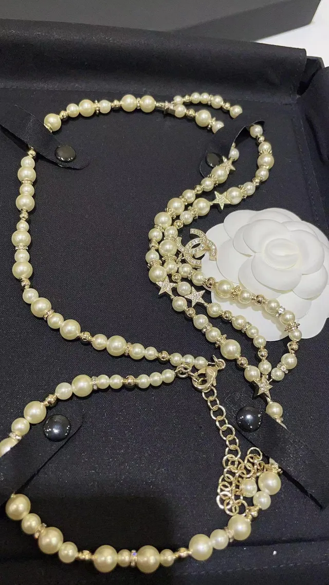 Chanel White Silver Pearl Strand Star Charms Necklace 6