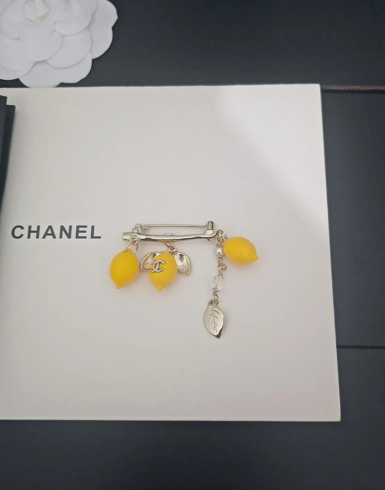 Chanel Yellow Silver Lemon-Shaped Charms Interlocking CC Logo Brooch 5