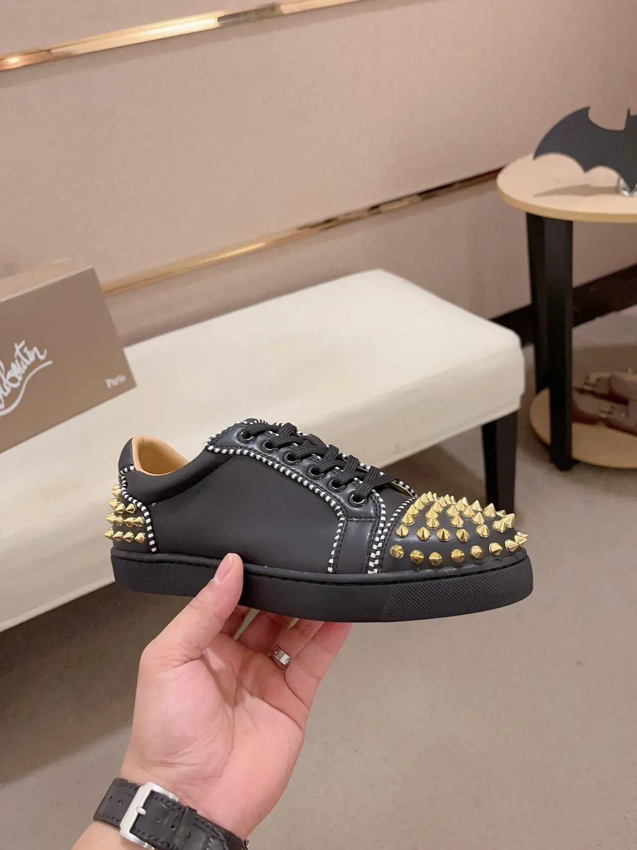 Christian Louboutin Black Gold Studded Leather Lifestyle Sneakers 4