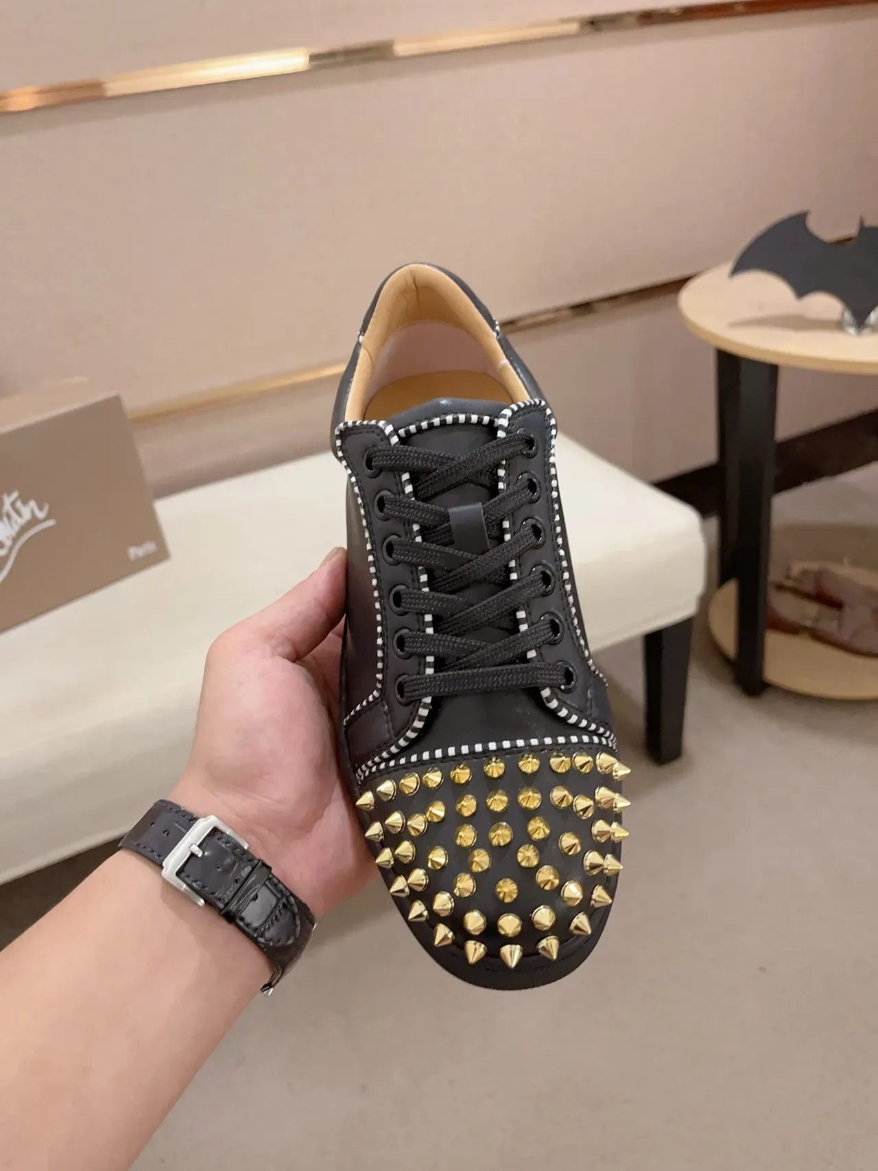Christian Louboutin Black Gold Studded Leather Lifestyle Sneakers 5