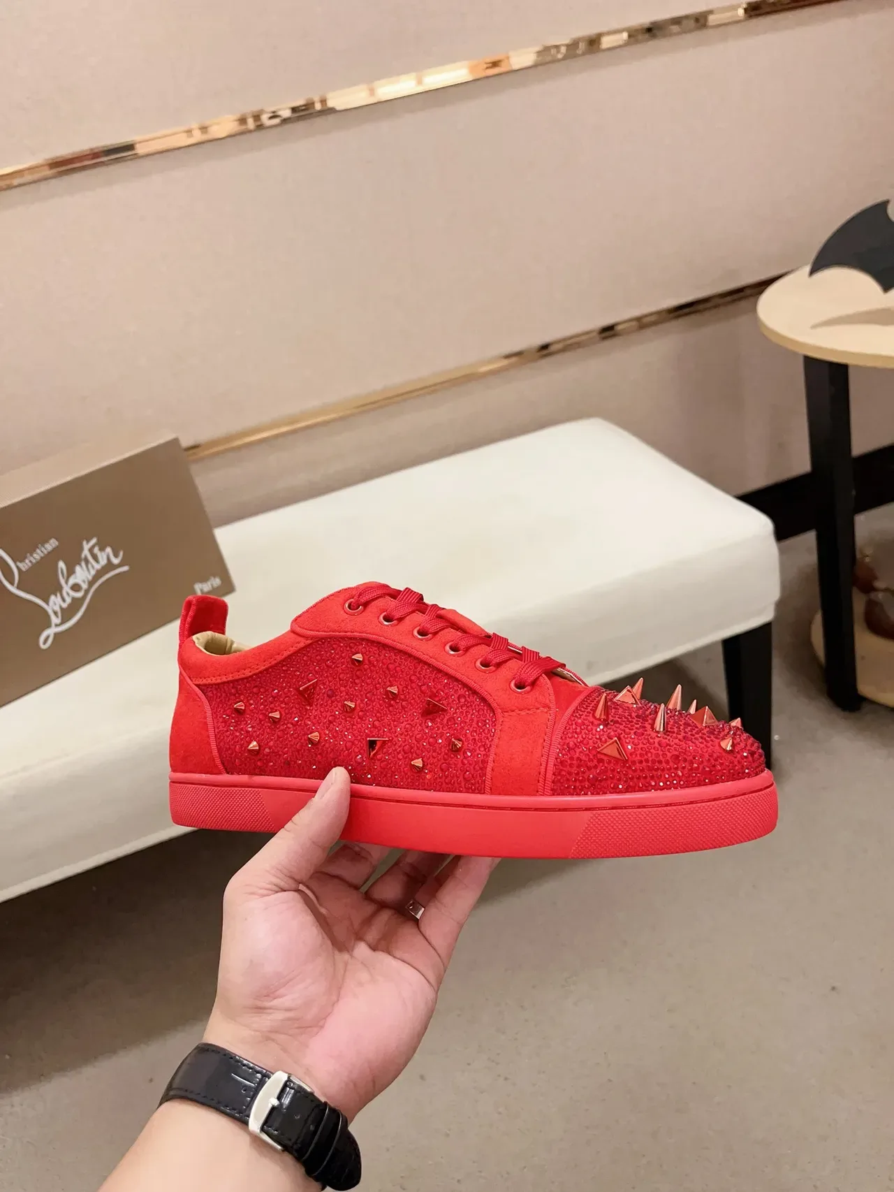 Christian Louboutin Spiked Crystal-Embellished Red Sneaker 5