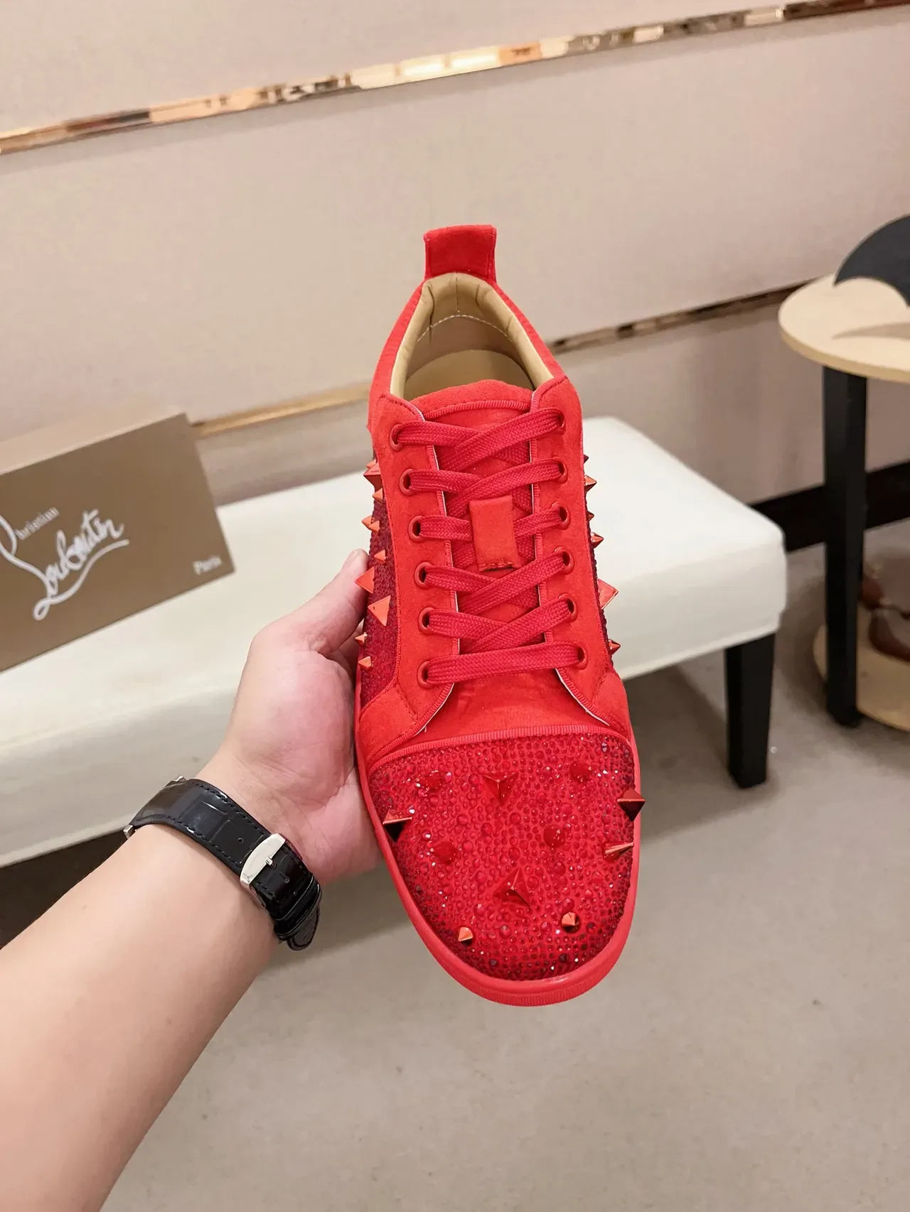 Christian Louboutin Spiked Crystal-Embellished Red Sneaker 6