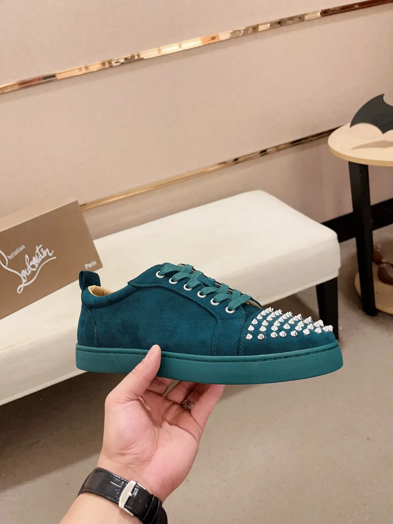 Christian Louboutin Spiked Toe Sneaker Blue Silver Teal Suede Cap Lifestyle Sneakers 4