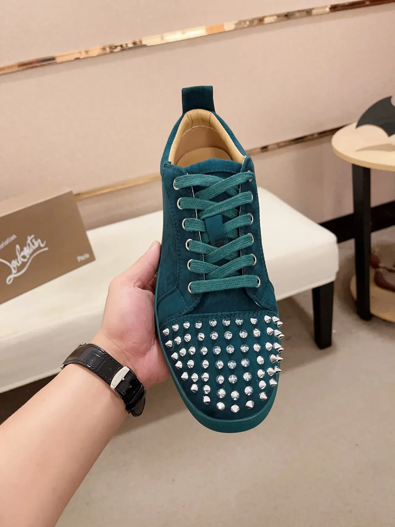 Christian Louboutin Spiked Toe Sneaker Blue Silver Teal Suede Cap Lifestyle Sneakers 5