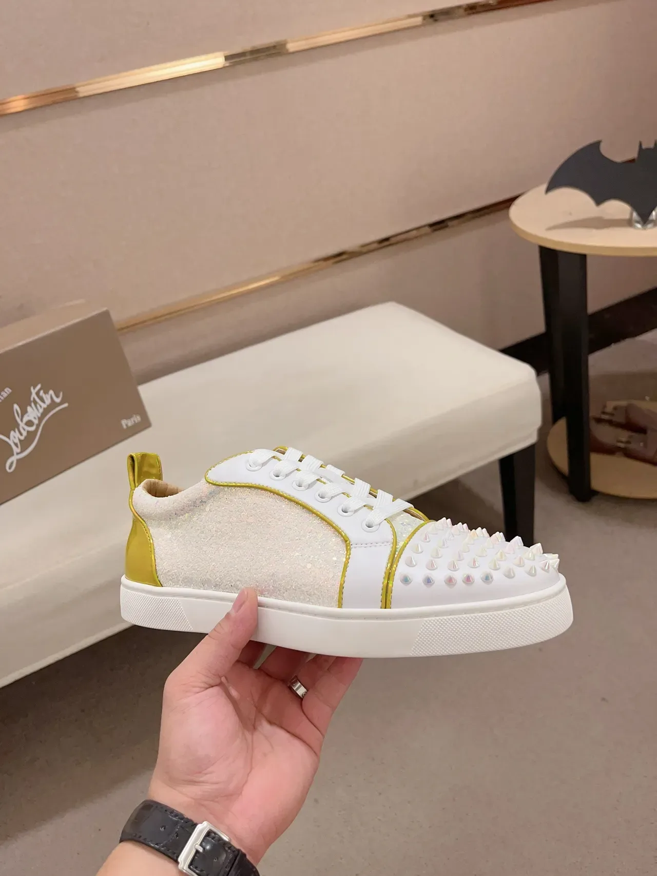 Christian Louboutin White Gold Spiked Toe Glitter Panel Lifestyle Sneakers 4