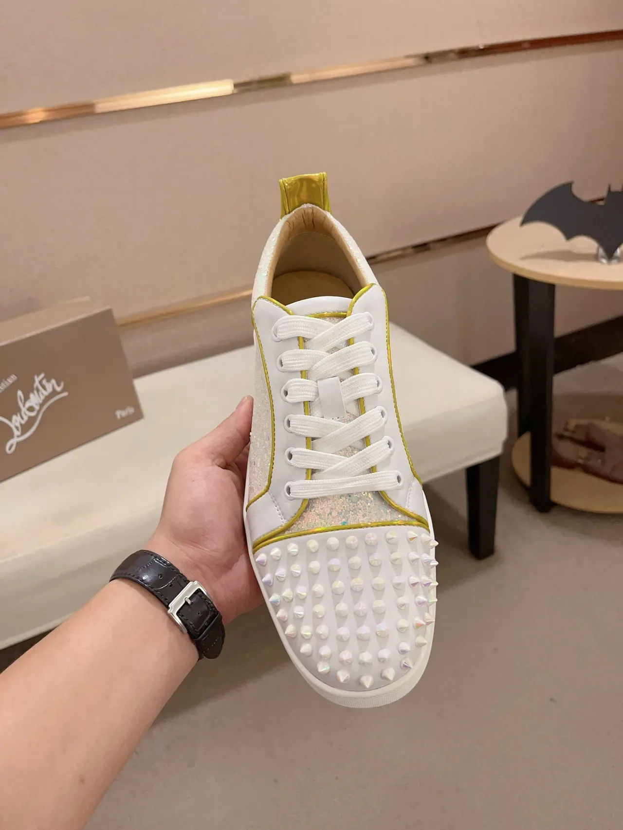 Christian Louboutin White Gold Spiked Toe Glitter Panel Lifestyle Sneakers 5