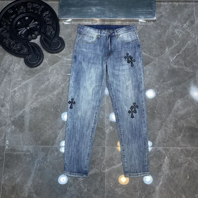 Chrome Hearts Cross Embroidered Medium Wash Slim Jeans 2