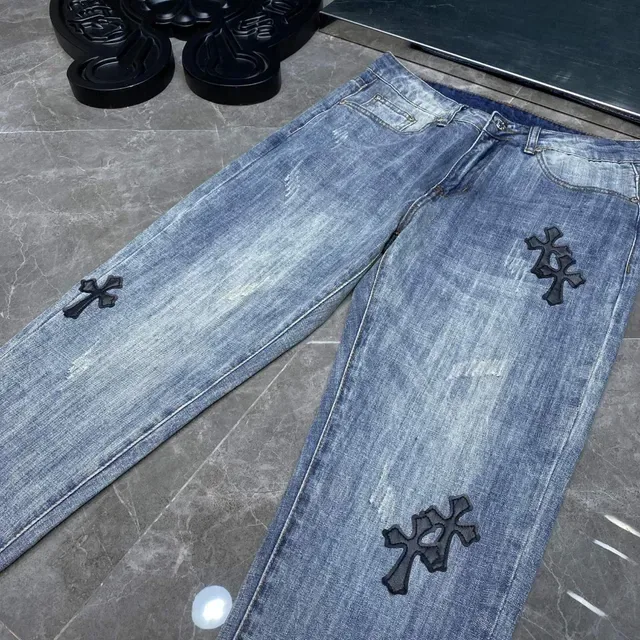 Chrome Hearts Cross Embroidered Medium Wash Slim Jeans 3