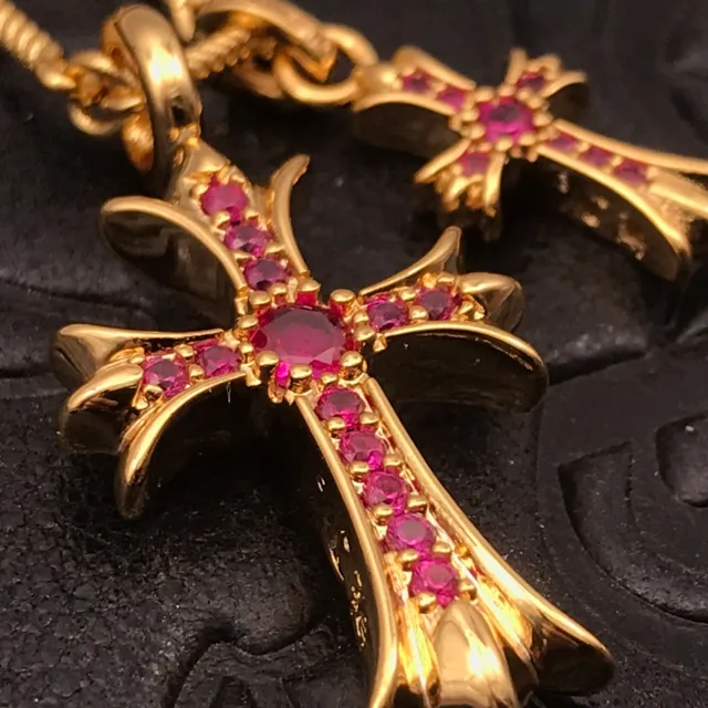 Chrome Hearts Croix Collier Chaîne de Corde Tordue Dorée Rose Double Pendentif 6