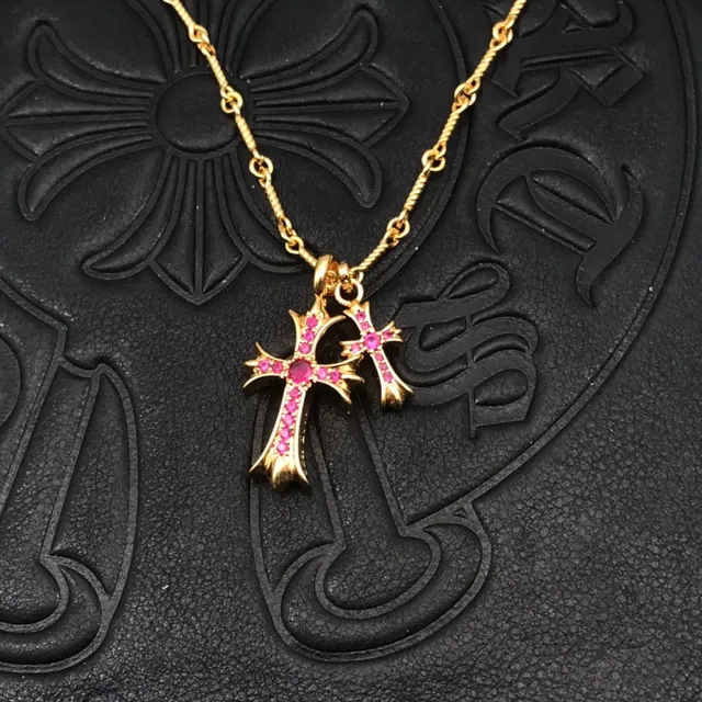 Chrome Hearts Croix Collier Chaîne de Corde Tordue Dorée Rose Double Pendentif 8