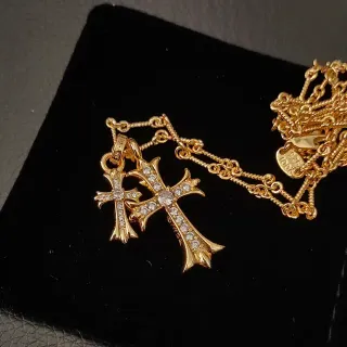 Chrome Hearts Cross Pavé Crystal Gold-Tone Dual Pendant Necklace